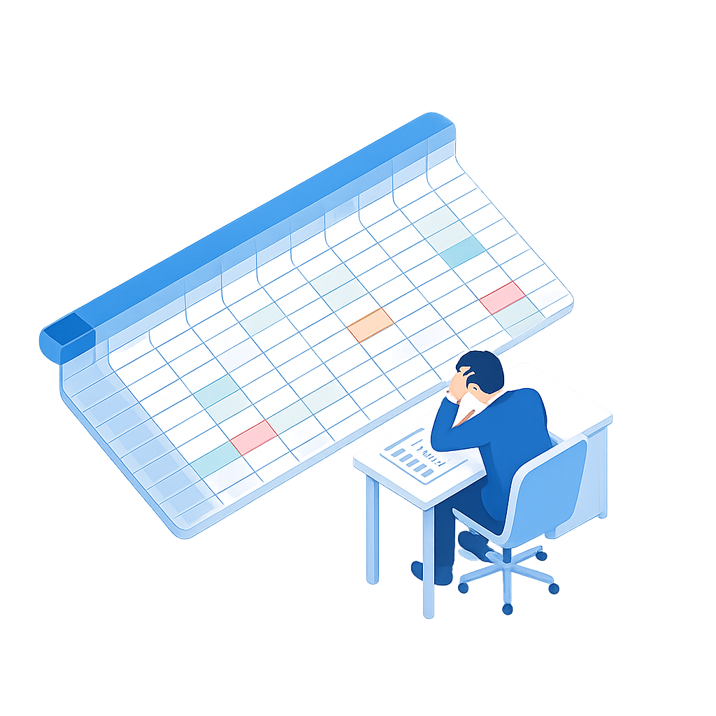 表計算ソフトでの管理に悩む人物のイラスト