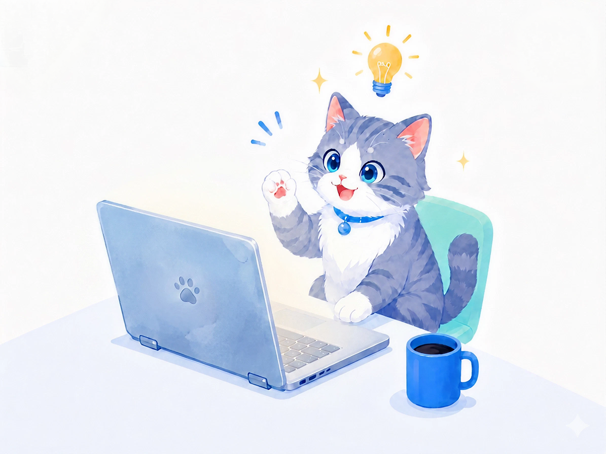 パソコンに向かい好奇心を表す猫のイラスト